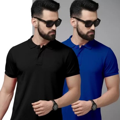 balker merka Solid Men Polo Neck Blue, Black T-Shirt