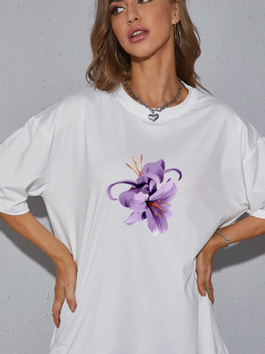 SLENOR Printed Women Round Neck White T-Shirt