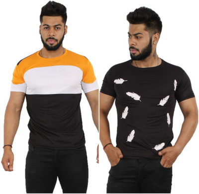 Oishee Printed Men Round Neck Black, Yellow T-Shirt