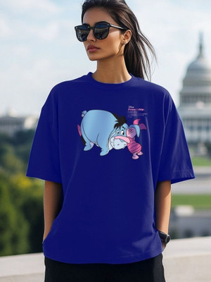 JUNEBERRY Printed, Typography Women Round Neck Blue T-Shirt