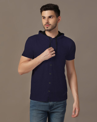 GEUM Solid Men Hooded Neck Navy Blue T-Shirt