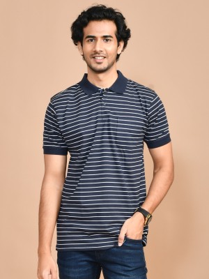 SKYKNIT Striped Men Polo Neck Blue T-Shirt