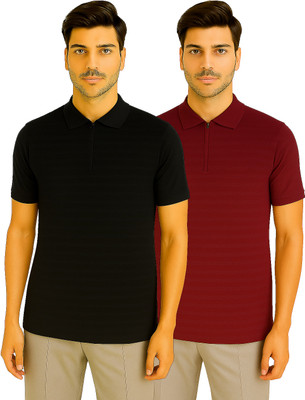 R ROCKIN TEES Self Design Men Zip Neck Black, Maroon T-Shirt