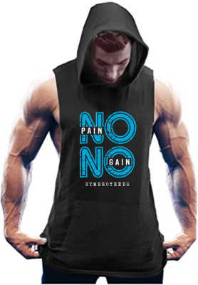 GYMBROTHERS Typography Men Hooded Neck Black T-Shirt