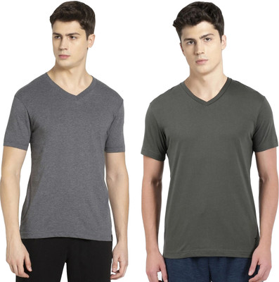 JOCKEY Solid Men V Neck Grey, Dark Green T-Shirt