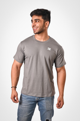 Allstag Solid Men Round Neck Grey T-Shirt