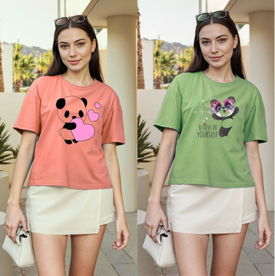 Herway Printed Women Round Neck Pink, Green T-Shirt