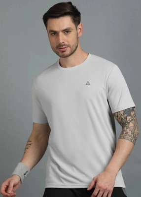 Adrenex Solid Men Round Neck Grey T-Shirt