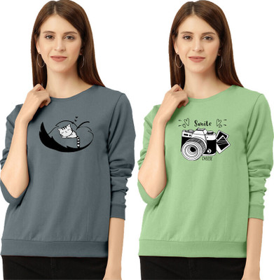 ZentWorld Printed Women Round Neck Grey, Light Green T-Shirt