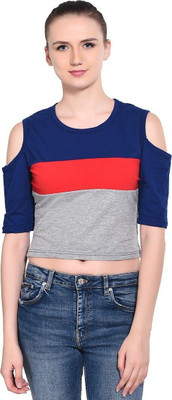 GEUM Colorblock Women Round Neck Red, Blue, Grey T-Shirt