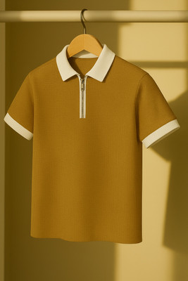 Try This Checkered Men Zip Neck Brown T-Shirt