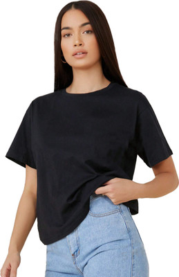 SONI BROS Solid Women Round Neck Black T-Shirt
