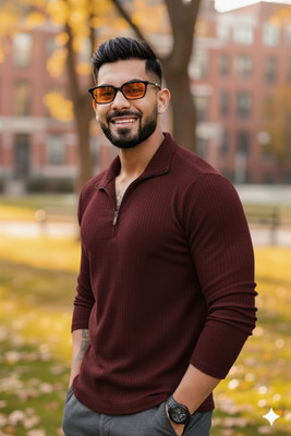 TheTrendyTailor Self Design Men Polo Neck Black T-Shirt