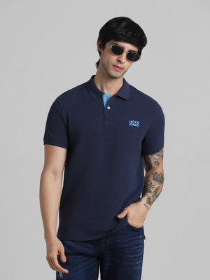 JACK & JONES Solid Men Polo Neck Blue T-Shirt