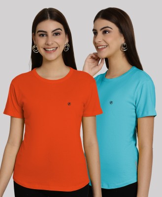 FRISKERS Solid Women Mandarin Collar Light Blue, Orange T-Shirt