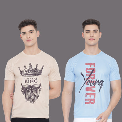 InkTees Printed Men Round Neck Blue, Beige T-Shirt