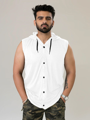 GEUM Solid Men Hooded Neck White T-Shirt