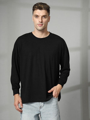 CHKOKKO Solid Men Round Neck Black T-Shirt