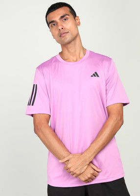 ADIDAS Striped Men Round Neck Purple T-Shirt