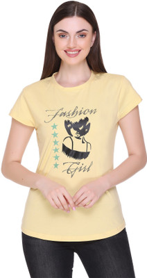 RF Raves Typography Women Round Neck Yellow T-Shirt