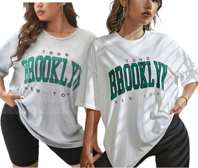 DIAZ Printed Women Round Neck Grey, White T-Shirt