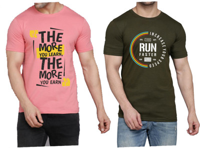 WOOSTRO Printed Men Round Neck Pink, Dark Green T-Shirt