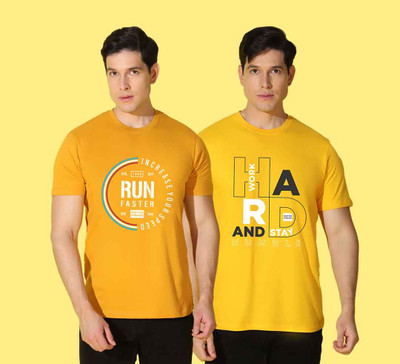 WOOSTRO Printed Men Round Neck Yellow T-Shirt