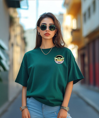 JUNEBERRY Printed, Typography Women Round Neck Dark Green T-Shirt