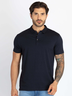 Status Quo Solid Men Polo Neck Navy Blue T-Shirt