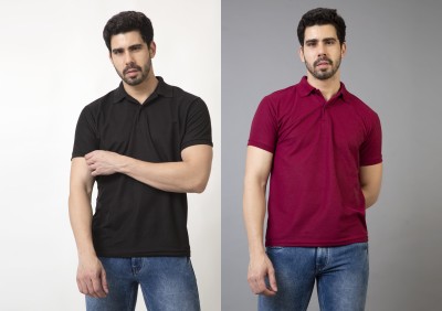 ynam Solid Men Polo Neck Black, Maroon T-Shirt