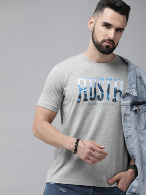 Roadster Typography Men Round Neck Grey T-Shirt
