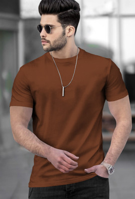 TRIPR Solid Men Round Neck Brown T-Shirt
