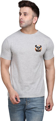 GEUM Solid Men Round Neck Silver T-Shirt