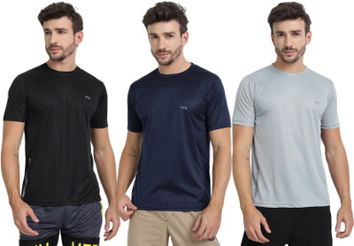 FTX Solid Men Round Neck Silver, Blue, Black T-Shirt