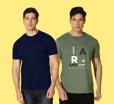 WOOSTRO Printed, Solid Men Round Neck Blue, Green T-Shirt