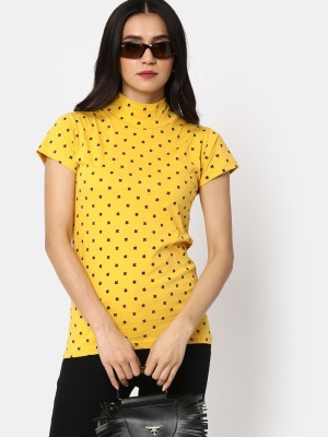 V-MART Printed Women Round Neck Gold T-Shirt