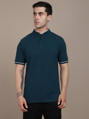 Dennis Lingo Solid Men Mandarin Collar Blue T-Shirt