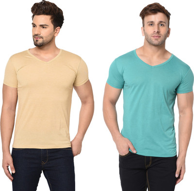 Adorbs Trend Solid Men V Neck Beige, Blue T-Shirt