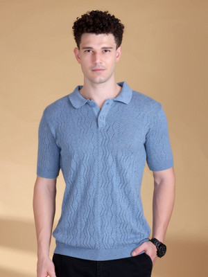 Mast & Harbour Self Design Men Polo Neck Blue T-Shirt