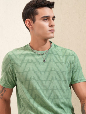 HIGHLANDER Self Design Men Crew Neck Light Green T-Shirt