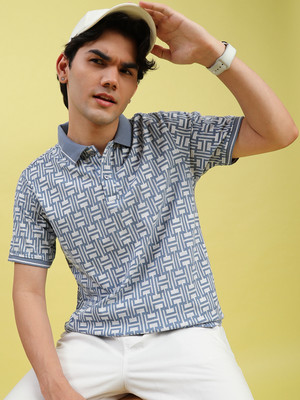V-MART Printed Men Polo Neck Light Blue T-Shirt