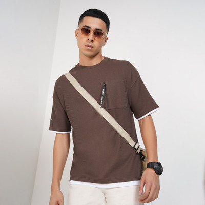 Street 808 by Pantaloons Self Design Men Round Neck Brown T-Shirt