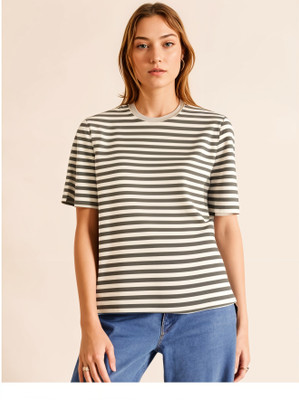 MACK JONNEY Striped Women Round Neck Grey T-Shirt