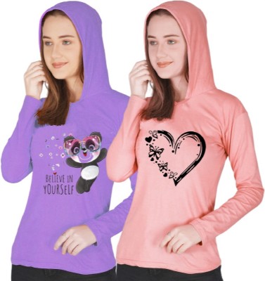 Lecowar Graphic Print Women Hooded Neck Purple, Pink T-Shirt