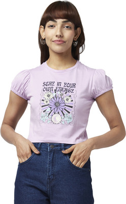 PEOPLE Typography Women Round Neck Purple T-Shirt
