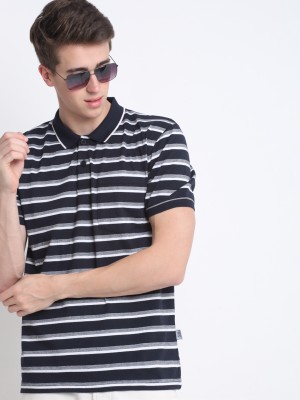 Harbor N Bay Striped Men Polo Neck Dark Blue T-Shirt