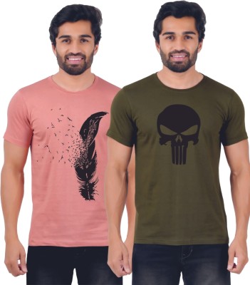 Ferocious Printed Men Round Neck Pink, Green T-Shirt