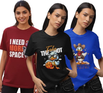 Stylewill Graphic Print Women Round Neck Maroon, Black, Blue T-Shirt