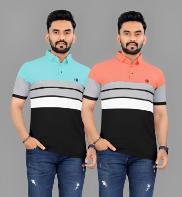 rggarment Printed Men Polo Neck Light Blue, Beige T-Shirt