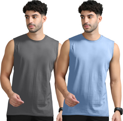 Jangoboy Solid Men Round Neck Grey, Blue T-Shirt